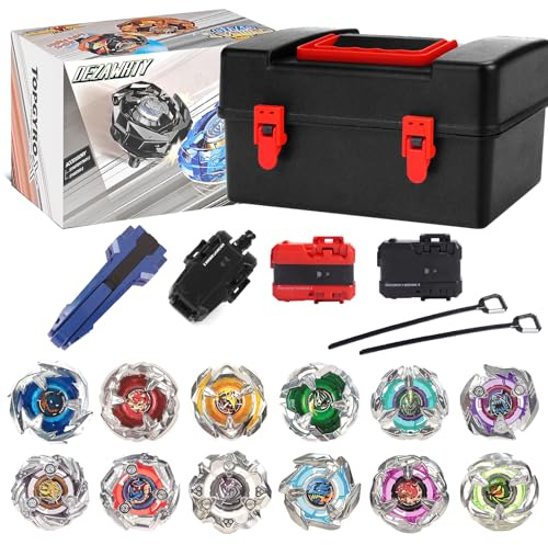 X Kreisel Battle Set, 12 Kampfkreisel 3 Launchers mit Griff AUD Aufbewahrungsbox, Battle mit Kreisel Kinder, ab 6 Jahren, Spielzeug Jungen