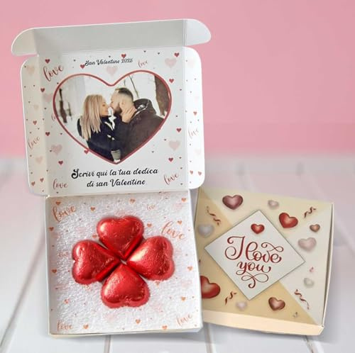Scatola cioccolatini regalo San Valentino personalizzata con foto e dedica. Idea regalo fidanzato, fidanzata, (4 cioccolatini)