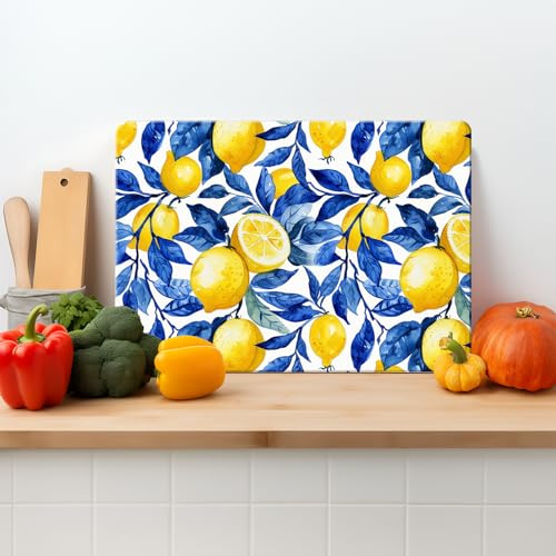 Textured Glass Chopping Board Worktop Saver for Kitchens, Durable, Easy-Clean, Scratch Resistant, Hygienic, Non Slip Feet, Abstract Lemons, Available in Two Sizes (L)