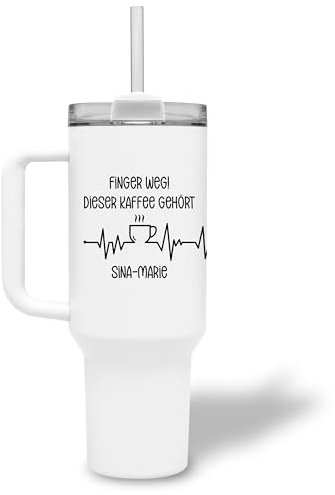 Thermobecher „Finger weg! Dieser Kaffee gehört“ personalisiert mit Namen - XXL Trinkbecher mit Henkel und Strohhalm 1,2 l / 40oz - Geschenk für Kollegen & Kaffeeliebhaber - Herzschlag-Design