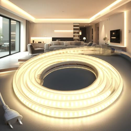 BRIMETI LED Streifen 5M 230V Neon Strip IP65 Wasserdicht Aussenbereich Neutralweiß 4000K 145LEDS/M mit Netzteil und Stecker, Flexibel DIY LED Band Lichtband für Außen und Innen Wohnzimmer Küche Deko