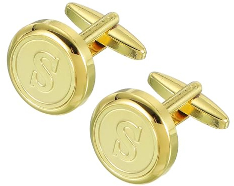 sourcing map Boutons de manchette classiques en cuivre avec initiale de A à Z pour homme, 26 lettres de l'alphabet dorées S, boutons de manchette avec boîte cadeau pour mariage, fête, chemise
