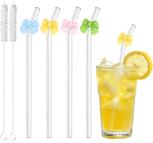 4 PCS Bow Glass Straw, Glass Straws Drinking, Reusable Straws with Bows and 2 Cleaning Brushes for Smoothie, Milk, Cocktails