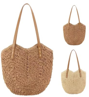 Bohemian Straw Tote Bag, Beach Bags for Women, Handwoven Single - Shoulder Beach Bag for Summer Travel Shopping Daily Use & Casual Outings (Brown)