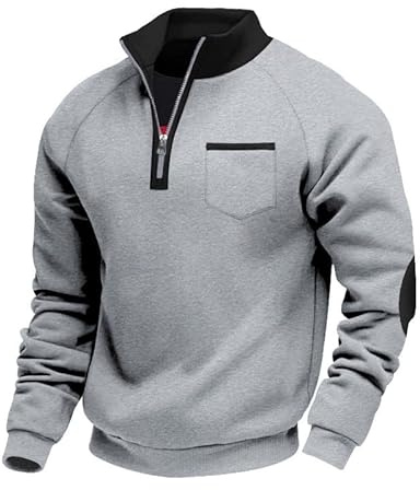 Aulemen Sweat Homme sans Capuche 1/4 Zippé Pull Polaire Homme Décontracté Sweatshirts à col Rond Chaud pour Pull-Over Automne Hiver Gris Clair-M