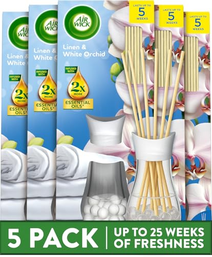 Air Wick Reed Diffuser Multipack, Linen and White Orchid, Pack of 5 x 25 ml, 5 Weeks of Long-Lasting Freshness, Elegant Home Decor, Neutralizes Odors, Enhances Room Ambiance, Air Freshener