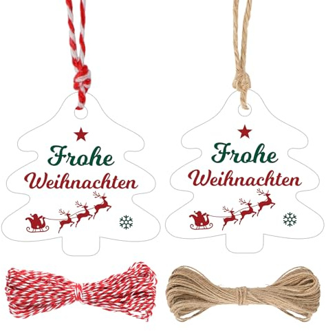 G2PLUS Weihnachtsbaum Geschenkanhänger mit Frohe Weihnachten: 6cm Papier Weihnachtsanhänger mit Schnur, 100 Stk Weiß Weihnachtliche Etiketten für Geschenkverpackung, Weihnachtsdeko