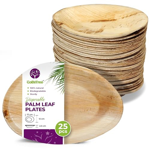 GoBeTree Bandejas de Hoja de Palma pequeñas, 25 Platos Oval de 17 x 12 cm. vajilla Rustica de Madera para barbacoas y Fiesta. Alternativa a Bandeja Bambú