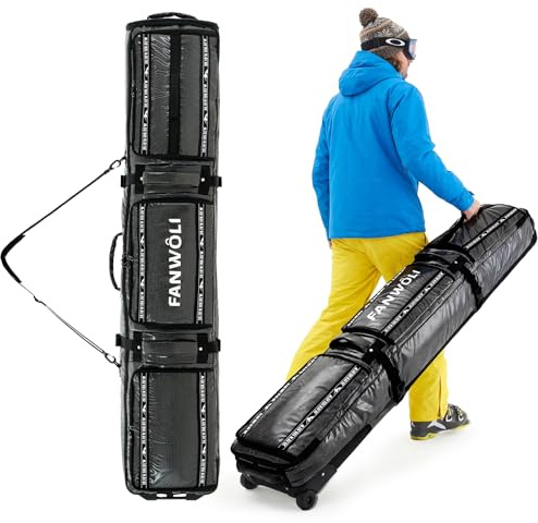 Fanwoli Ski Snowboard Bag with Wheels | Fully Padded Ski Bags for Air Travel | Fits 155-165cm Skis/Snowboard & US 13 Boots | 900D Waterproof TPU & Shoulder Straps | Expandable & Foldable (S)