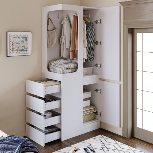 Kebnor Kleiderschrank 70 x 40 x 170 cm, mit Schubladen und Staufächern, offenem Kleiderbereich, eintürig (Weiß)