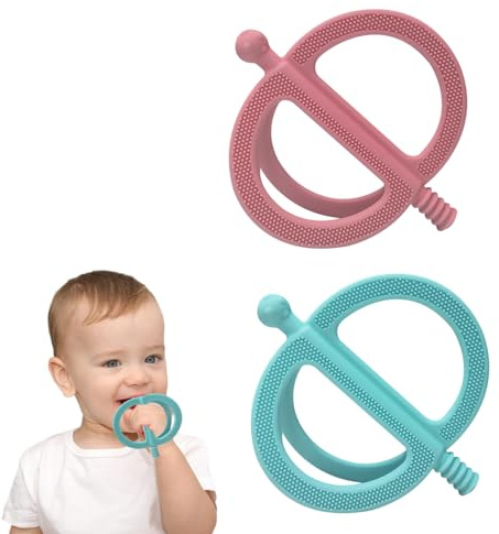 SOLIFEGOBLE 2-Pack Silicone Baby Teething Rings - Easy-Grip Chew Toys with Textured Surfaces, BPA-Free Teethers for Infants 3-12 Months (Light Green+Light Pink)