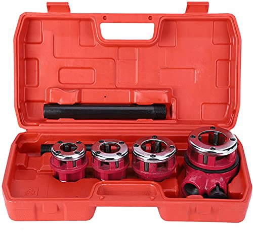HUIOP Kit de Roscado de Tuberías, 4 Matrices, Fontanero Manual 1/2, 3/4, 1, 1-1/4, Herramienta de Roscado con Cabezal de Trinquete Compacto, para Trabajos Básicos de Torsión en Caja