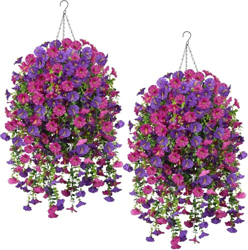 Fairblo 2Pcs Artificial Hanging Basket Outdoor Purple Fuchsia Fake Flowers