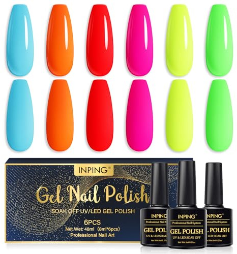 INPING Nagellack Neon, 6 Farben Regenbogen Zitrone Gelb Rosa Blau Neon Limettengrün Orange Rot Frühling Sommer Gelnägel Soak Off UV Gel Nagellack Set für Frauen Home DIY Nail Art,8 ML