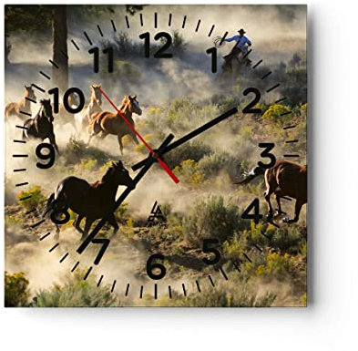 Modern Wanduhr Cowboy Cowgirl Pferd 40x40cm Quadrat Groß Wand Uhr Glas Analog Zimmeruhren Küche Büro Wohnzimmer Glasuhr Wall Clock Dekoration Design Wanddekoration Küchenuhr C4AC40x40-2201