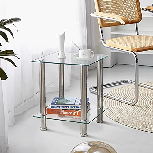 GOLDFAN 2-Tier Small Glass Coffee Table Corner Side End Table with Clear Glass and Stainless Steel Legs Living Room, Transparent