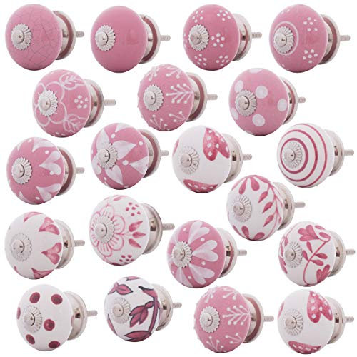 Knober 20 X Stück Set | Rosa Weiß| | Montur aus Edestahl | Möbelknöpfe 40mm Knauf | Türgriff Gewinde metrisch M3 | handbemalt | Set 03