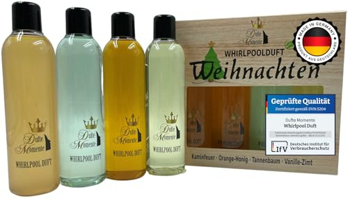 Weihnachts Whirlpool Duft Set 4er - Geschenkset für Sie & Ihn - Schaumfrei Badezusatz für Spa & Badewanne - Duftkonzentrat mit Ätherischen Ölen | Kaminfeuer, Tannenbaum u.a. | Made in Germany