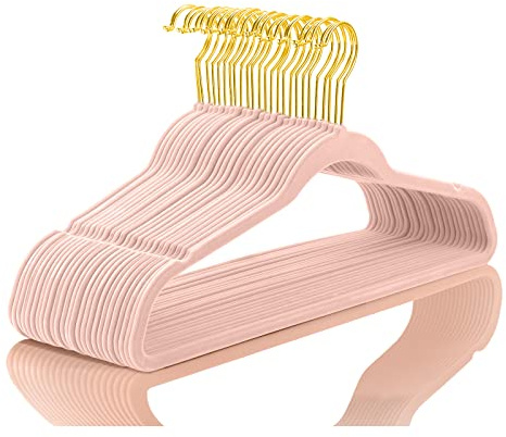 MIZGI Premium Velvet Hangers (Pack of 50) Heavyduty - Non Slip - Velvet Suit Hangers Blush Pink - Gold Hooks,Space Saving Clothes Hangers Felt Organizer