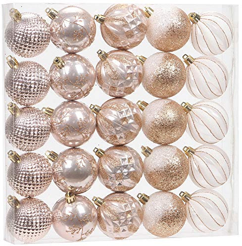Sea Team 25-Pack Christmas Ball Ornaments with Strings, 60mm/2.36-Inch Medium Size Baubles, Shatterproof Plastic Christmas Bulbs, Hanging Decorations for Xmas Tree, Holiday, Wedding, Party, Rose Gold