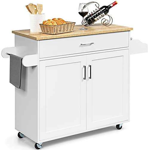 GOPLUS Desserte à roulettes avec Plan de Travail en Bois, 116x40x85CM, Desserte Cuisine avec Armoire à Étagère 2 Niveaux Réglables et Tiroir, Chariot de Service avec Porte-Serviettes Latéral, Cuisine