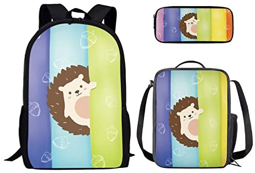 Binienty Modischer Rucksack Teen Jungen Mädchen Schulbuch Tasche mit Lunchbox Stifteetui 3 in 1, Igel 6, Einheitsgröße