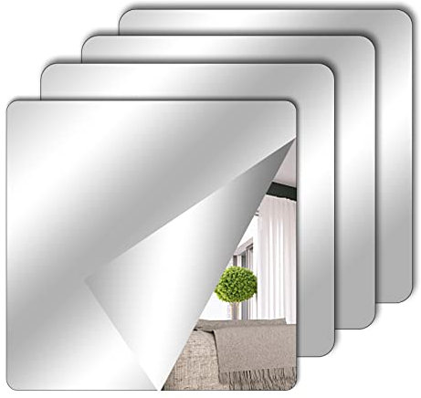 4 Stück Selbstklebende Fliesenspiegel Spiegel zum Aufkleben, 15 x 15 cm Acrylspiegel Schulspiegel Flexible Spiegelfolien Spiegelaufkleber für Wand Schule Zuhause Wohnzimmer Badezimmer Schlafzimmer