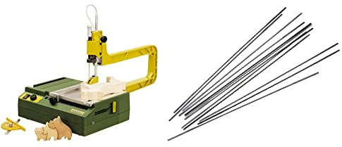 Proxxon 27088 Dekupiersäge DS 230/E (Elektro Laubsäge; 85 W; inkl. Sägeblätter; Arbeitsplatte 160 x 160 mm) & 28117 Super-Cut Laubsägeblätter normal verzahnt ohne Querstift 12 Stück