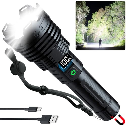 ALSTU Linternas recargables de alto lúmenes LED: 900.000 lúmenes brillante potente luz táctica flash con base magnética, pantalla digital, 5 modos, linterna impermeable IPX6 para emergencias de
