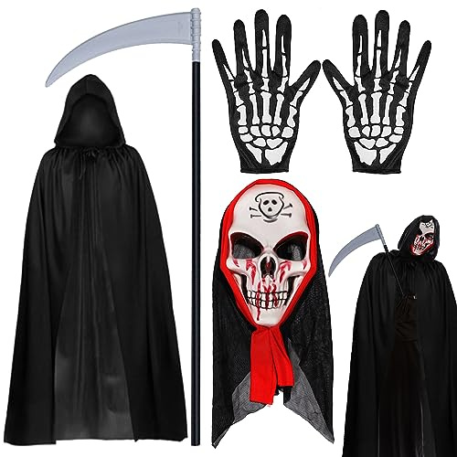 Leonshco Costume de squelette Grim Reaper, masque de squelette et gants de faucheuse, robe pour costume de diable adulte/enfant
