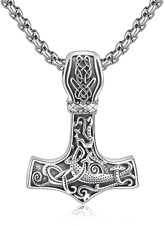 URONE Wikinger Thors Hammer Kette 925 Sterling Silber Mjolnir Anhänger Halskette Nordische Wikinger Schmuck Geschenk für Männer Damen