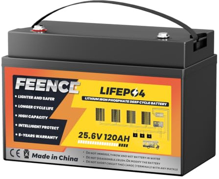 FEENCE 24V 120Ah LiFePO4 Batterie, Max 3072WLithium Batterie 100ah mit integriertem BMS, 5000-15000 Mal Autobatterien, Unterstützung 4S4P, perfekt als Stromquelle