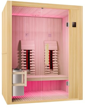 Sanotechnik Cabina de infrarrojos y sauna finlandesa Alaska, 160 x 110 x 200 cm, foco de espectro completo, estufa de sauna, luz LED de color (7 colores)