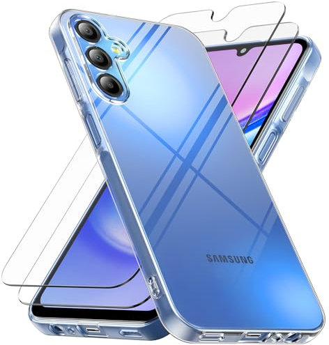 caslord Hülle für Samsung Galaxy A15 4G/5G, 1 Handyhülle mit 2 Stück Hartglas, Weiche TPU Transparent Stoßfest Schutzhülle Durchsichtige Kratzfest Handyhülle Case Cover