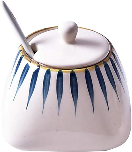 Rawken Zuccheriera vintage in ceramica dipinta a mano con coperchio e cucchiaio, accessori for bar, ZRO-007, Blu/301 (Color : White)