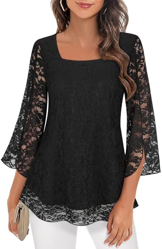 Syphiby Camicette da donna con maniche a 3/4, con volant, ampie, scollo quadrato, in chiffon, a doppio strato, taglie S-3XL, Pizzo nero., XXXL