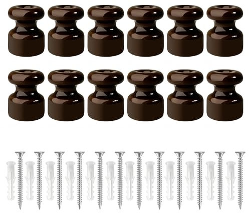 QuirkLz 12 Pezzi Isolatori in Ceramica per Cavo Elettrico Tessile – Isolatori per Cavi Trecciati, isolatori in ceramica vintage, Ø18mm, marrone Lucido, inclusi viti e tasselli di ancoraggio