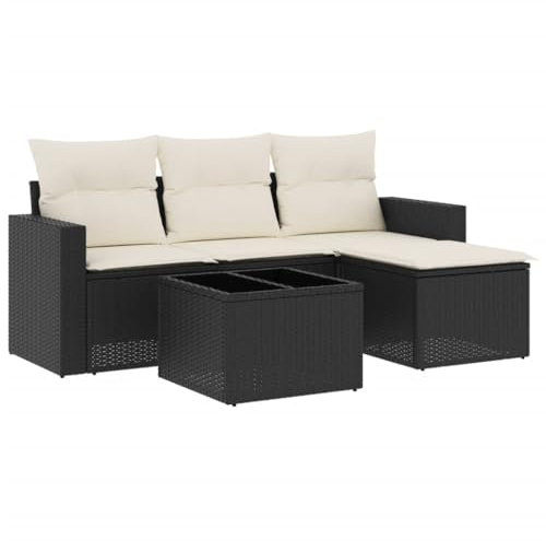 vidaXL Garten Sofa Garnitur 5-TLG., Gartenmöbel Set mit Kissen Stauraum, Sitzgruppe für Garten Terrasse, Modular Gartensofa Hocker Lounge, Tisch mit Glasplatte, Schwarz Poly Rattan