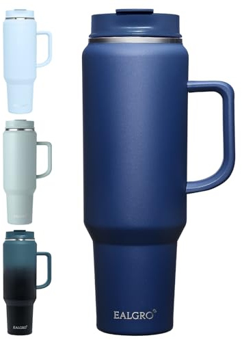 EALGRO Vaso de 50 onzas con asa, vasos aislados con tapa y popote, botella de agua deportiva grande de metal, taza térmica de acero inoxidable para viaje, taza de café de viaje, azul marino