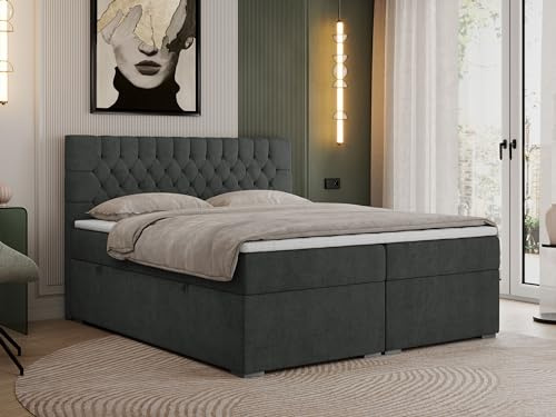 MKS MEBLE Boxspringbett 180x200 cm mit Bettkasten, Premium Multipocket Matratze H3 mit Topper T25, Doppelbett mit Kopfteil PERA - Dunkelgrau Strukture