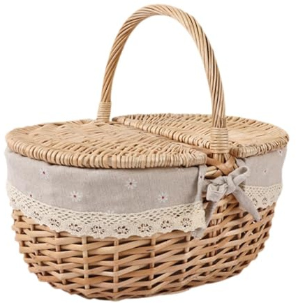 Folpus Cesta de Picnic de Mimbre, Cesta de Servicio de Almacenamiento de Ratán con Tapa Y Asa, Cesta de Almacenamiento, Cesta de Almacenamiento de Mimbre Par, Gris Beige, pequeño