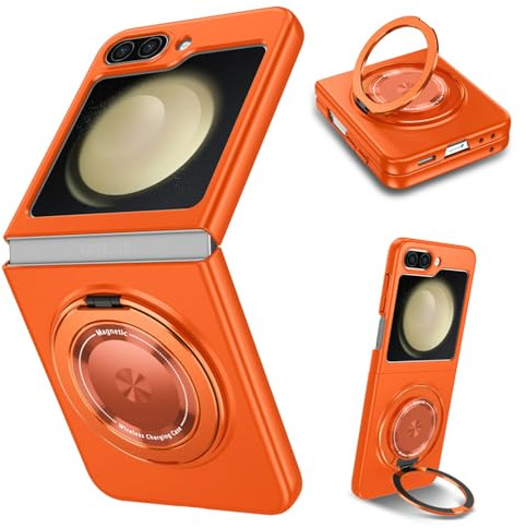 ZHOZEXIN Compatible with Samsung Galaxy Z Flip 5 Case, Magnetic 360° Rotating Ring Shockproof ，Supports wireless charging Cover for Samsung Galaxy Z Flip 5 5G(Orange)