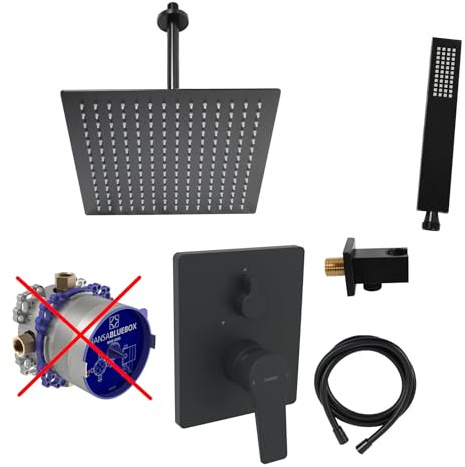 vanvilla Duschsystem Unterputz mit Duscharmatur Hansa schwarz AS103-ob | Duscharmatur von Hansa Twist Einhebelmischer und vanvilla Regendusche Duschkopf eckig, Dusch-Set schwarz matt