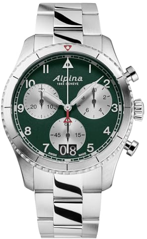 Alpina Startimer Montre chronographe à Quartz Suisse Big Date pour Homme Acier Inoxydable Cristal Saphir 41 mm, Vert, Startimer Bracelet Suisse à Quartz argenté en Acier Inoxydable