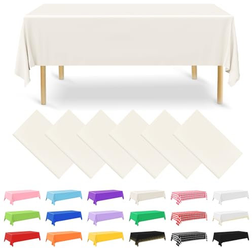 NACHLYNN 6 Pack Disposable Plastic Tablecloths 54 x 108 Inch Ivory Rectangle Table Cover for Holiday Party Engagement Weddings Baptism Birthday Decoration