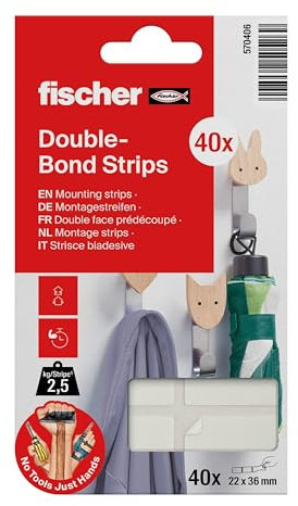 fischer Montagestreifen, dopelseitige Klebestrips, starkes Klebeband, einfach wieder ablösbar, Aufhängung ohne Bohren/Schrauben, für Bilder, Deko, Haken, uvm., 40 Strips