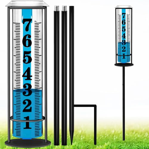 Rain Gauge Outdoor, Freeze Proof Rain Gauges Outdoors Best Rated, Upgraded Accurate Rain Measure Gauge for Yard, Thickened Plastic Rain Meter with Stake, Large Font Water Gauge, Adjustable Height