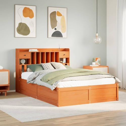 vidaXL Wax Brown Solid Pine Wood Bed Frame with Storage Shelves and Drawers - 160x200 cm, Plywood Slats, Double Bed for Bedroom