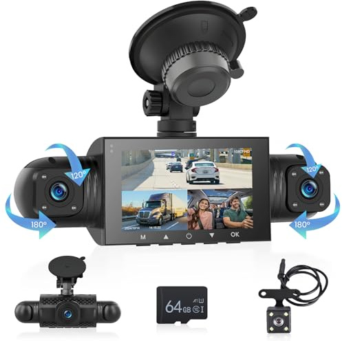 Hodozzy Car 360° Dash Cam Front and Rear Inside 4 Channel HD 4 * 1080P Dashcam for Cars, 3 inch Car Camera with Parking Monitor, Night Vision, G-Sensor Loop Recording, Wide Angle, 64GB Card
