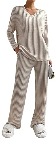 Zweiteiler Lounge Set Damen Strick Jogginganzug Langarm Strickpullover Oberteile und Weite Hose Hausanzug V-Ausschnitt Rippenstrick Loungewear Freizeit Outfits Set Winter Strickanzug (Aprikose, M)